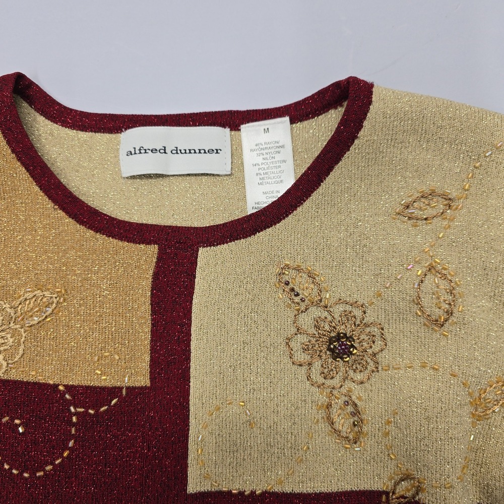 Alfred Dunner Gold Rush Metallic Beaded Floral Sweater Medium Red Gold 60563 NEW - Picture 2 of 4